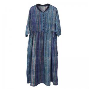 V-Neck Blue Striped Ramie Loose Folk Dress