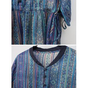 V-Neck Blue Striped Ramie Loose Folk Dress