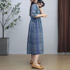 V-Neck Blue Striped Ramie Loose Folk Dress