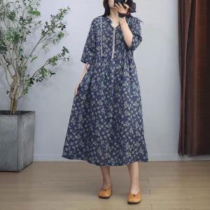 Empire Waist Floral Blue Ramie Beach Dress