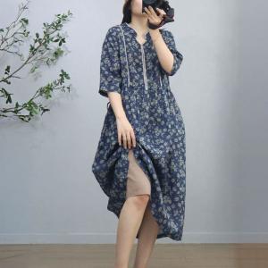 Empire Waist Floral Blue Ramie Beach Dress