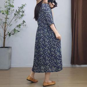 Empire Waist Floral Blue Ramie Beach Dress