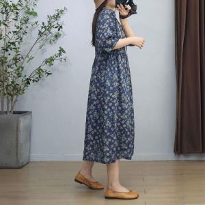 Empire Waist Floral Blue Ramie Beach Dress