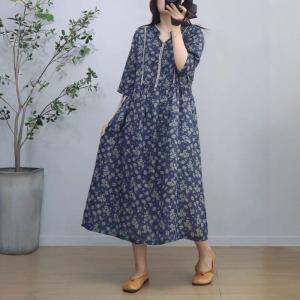 Empire Waist Floral Blue Ramie Beach Dress