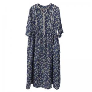 Empire Waist Floral Blue Ramie Beach Dress