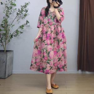 Pink Roses Tied Waist Summer Midi Dress