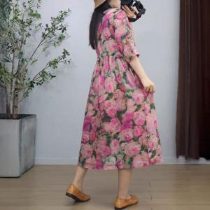 Pink Roses Tied Waist Summer Midi Dress