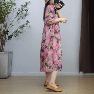 Pink Roses Tied Waist Summer Midi Dress