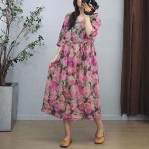 Pink Roses Tied Waist Summer Midi Dress