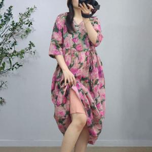 Pink Roses Tied Waist Summer Midi Dress