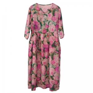 Pink Roses Tied Waist Summer Midi Dress