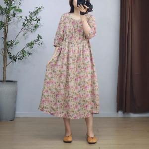 Belted Waist Ramie Loose Pink Floral Dress