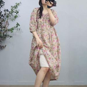 Belted Waist Ramie Loose Pink Floral Dress