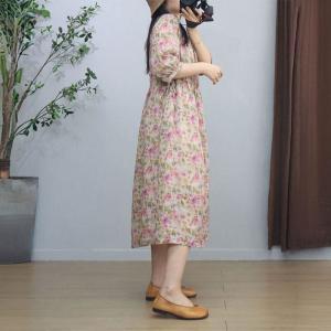 Belted Waist Ramie Loose Pink Floral Dress