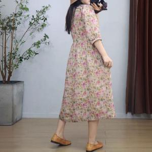 Belted Waist Ramie Loose Pink Floral Dress