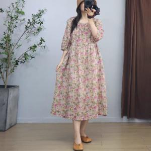 Belted Waist Ramie Loose Pink Floral Dress