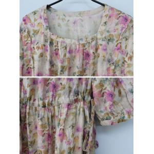 Belted Waist Ramie Loose Pink Floral Dress