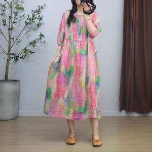 Colorful Tie Dye Ramie Pleated A-Line Dress