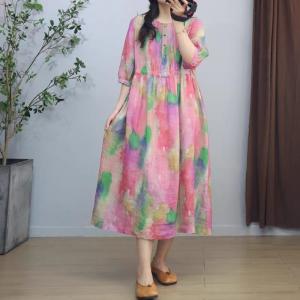 Colorful Tie Dye Ramie Pleated A-Line Dress