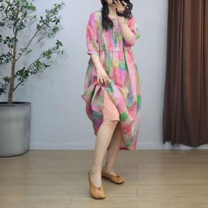 Colorful Tie Dye Ramie Pleated A-Line Dress