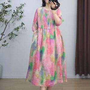 Colorful Tie Dye Ramie Pleated A-Line Dress