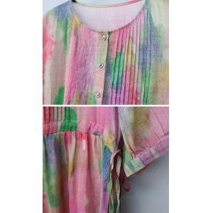 Colorful Tie Dye Ramie Pleated A-Line Dress