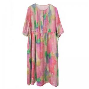 Colorful Tie Dye Ramie Pleated A-Line Dress