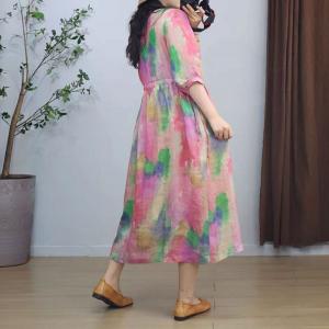 Colorful Tie Dye Ramie Pleated A-Line Dress