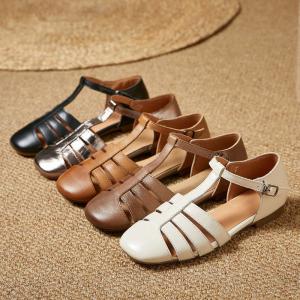 T-Strap Leather Summer Flat Gladiator Sandals
