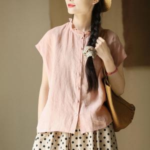 Ruffle Collar Summer Pink Linen Blouse