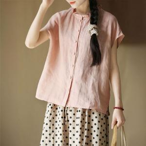 Ruffle Collar Summer Pink Linen Blouse
