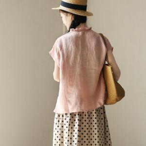 Ruffle Collar Summer Pink Linen Blouse