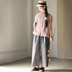 Ruffle Collar Summer Pink Linen Blouse