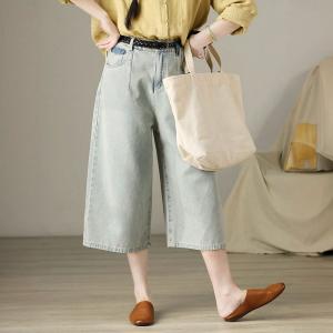 Wide Leg Light Wash Mid-Calf Jeans for Women