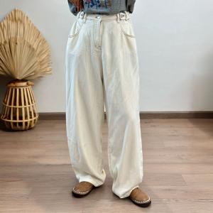 Adjustable Waist Long Baggy Beige Jeans