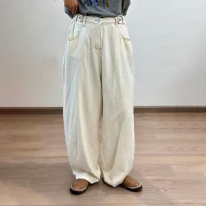 Adjustable Waist Long Baggy Beige Jeans
