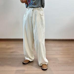 Adjustable Waist Long Baggy Beige Jeans