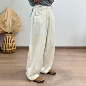 Adjustable Waist Long Baggy Beige Jeans