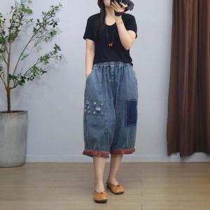 Lines Embroidery Holes Cropped Jeans