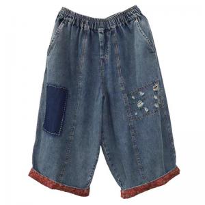 Lines Embroidery Holes Cropped Jeans