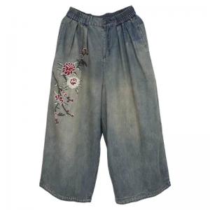 High Waist Wide Leg Peony Embroidered Jeans