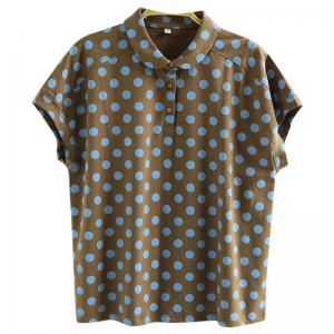 Short Sleeves Polo Neck Cotton Polka Dot T-shirt