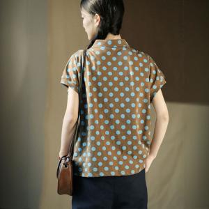 Short Sleeves Polo Neck Cotton Polka Dot T-shirt