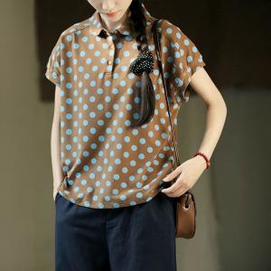 Short Sleeves Polo Neck Cotton Polka Dot T-shirt