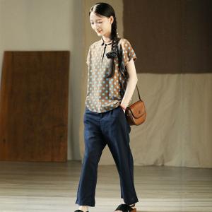 Short Sleeves Polo Neck Cotton Polka Dot T-shirt