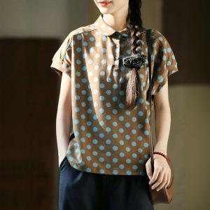 Short Sleeves Polo Neck Cotton Polka Dot T-shirt