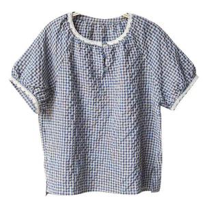 Lace Hem Blue Plaid Cotton Linen Blouse