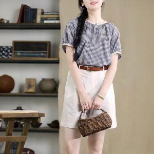 Lace Hem Blue Plaid Cotton Linen Blouse