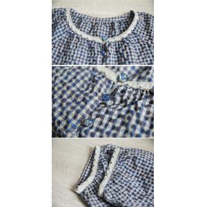 Lace Hem Blue Plaid Cotton Linen Blouse