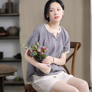 Lace Hem Blue Plaid Cotton Linen Blouse